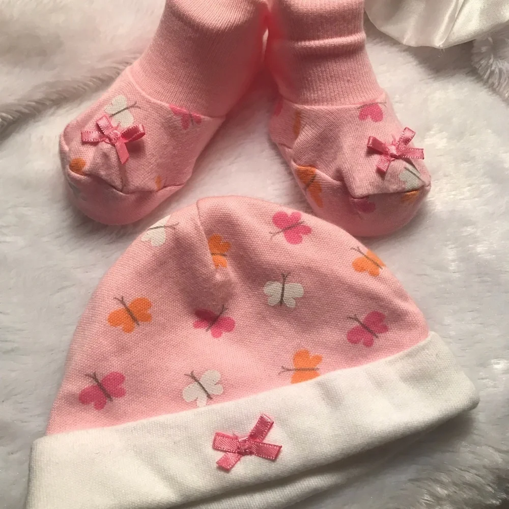 Preemie Baby Pink Butterfly Bow Booties Beanie Set
